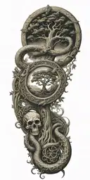 tree of life with heaven and hell symbology with a coiled snake, gates of heaven, and st Michael's sword tattoo design idea