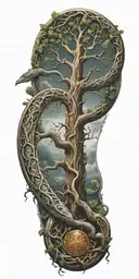 tree of life with heaven and hell symbology with a coiled snake, gates of heaven, and st Michael's sword tattoo design idea