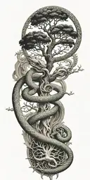 tree of life with heaven and hell symbology with a coiled snake, gates of heaven, and st Michael's sword tattoo design idea