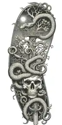 tree of life with heaven and hell symbology with a coiled snake, gates of heaven, and st Michael's sword tattoo design idea