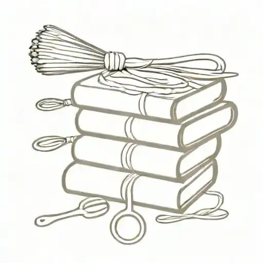 A minimalist tattoo of a stack of books with a whisk and rolling pin intertwined, representing your love for baking and reading tattoo design idea