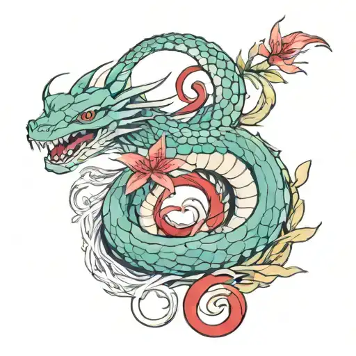 Haku the dragon from Spirited Away, huddled in a figure eight around a red spider lily. tattoo design idea