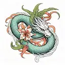 Haku the dragon from Spirited Away, huddled in a figure eight around a red spider lily. tattoo design idea
