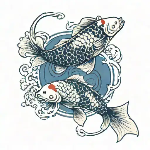 blue and white koi fish swimming upstream tattoo design idea