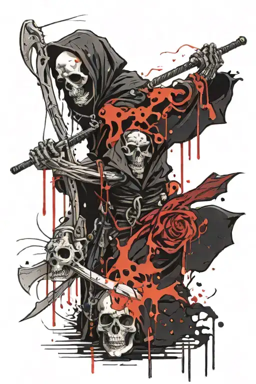 the figure of death (a dark skeleton in a black robe) with a scythe in his hand, and the inscription "Time is fucked up" runs through the middle tattoo design idea