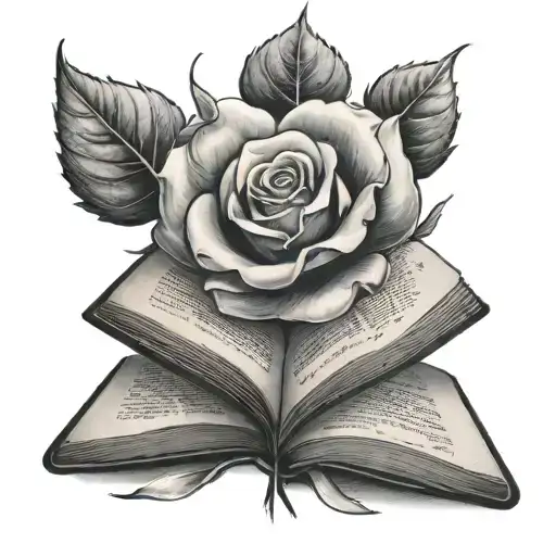 A black and grey tattoo of a rose growing out of a bible, symbolizing growth and spirituality tattoo design idea