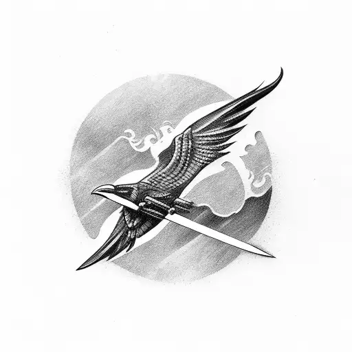 straight broadsword with small ravens flying around it tattoo design idea