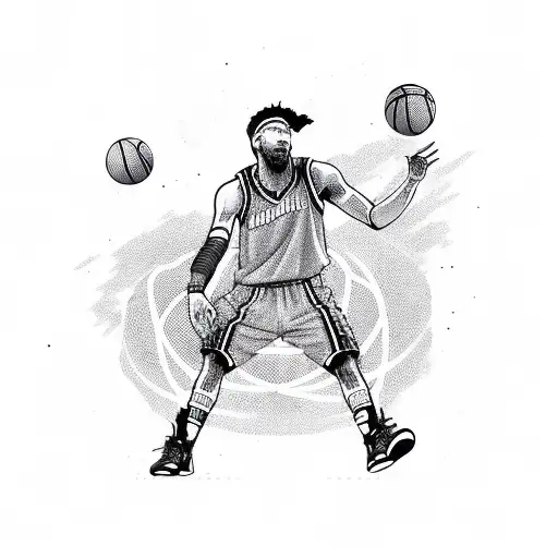 A basketball player wearing a cyberpunk-inspired outfit, surrounded by music notes tattoo design idea