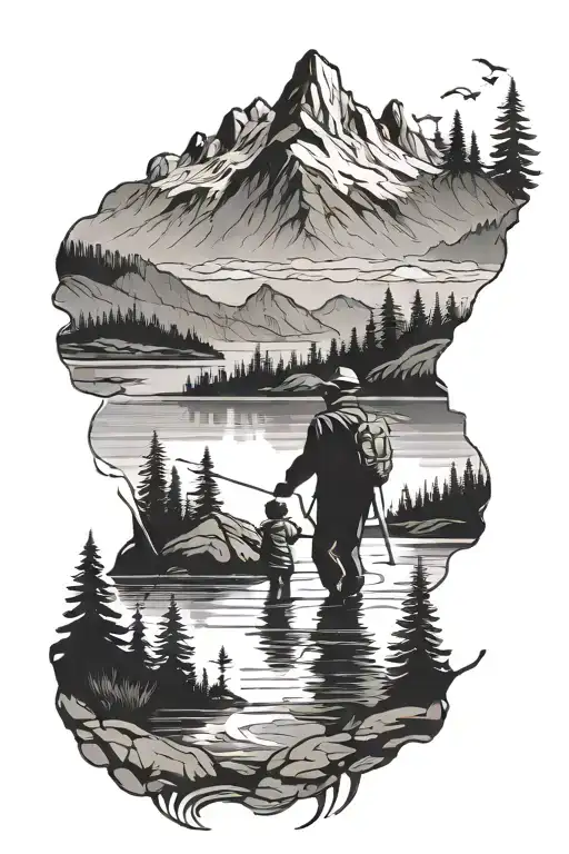 lake in the mountains with grandfather and grandson silhouette tattoo design idea
