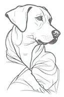 a black lab dog with white going down its neck from its mouth and it sitting down with its head tilted looking confused  tattoo design idea