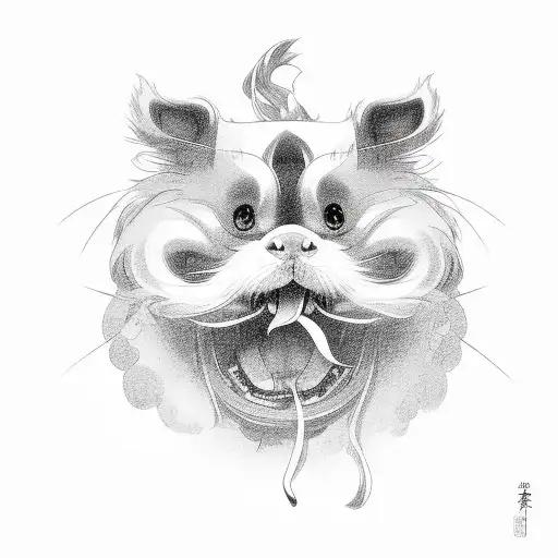 Japanese style with its traditional elements with a head of a Japanese chin with its tongue sticking out at one side tattoo design idea