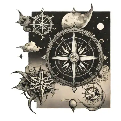 A dotwork tattoo of a compass rose with a moon and various travel destinations marked on it tattoo design idea
