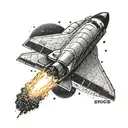A space shuttle launching into the galaxy with a trail of different languages spelling out 'explore' tattoo design idea
