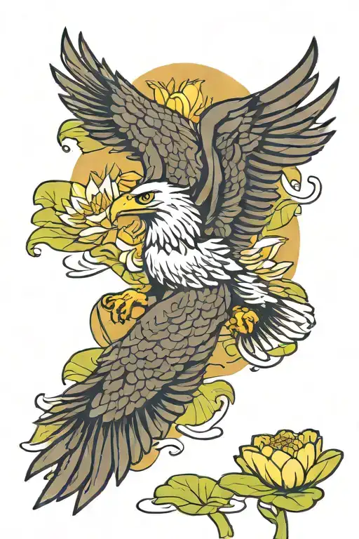 Eagle flying grasping a water lily flower tattoo design idea