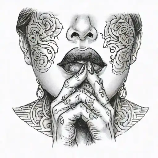 A woman holds a finger to her lips as a sign for silence tattoo design idea