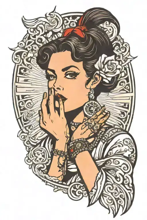 A woman holds a finger to her lips as a sign for silence tattoo design idea