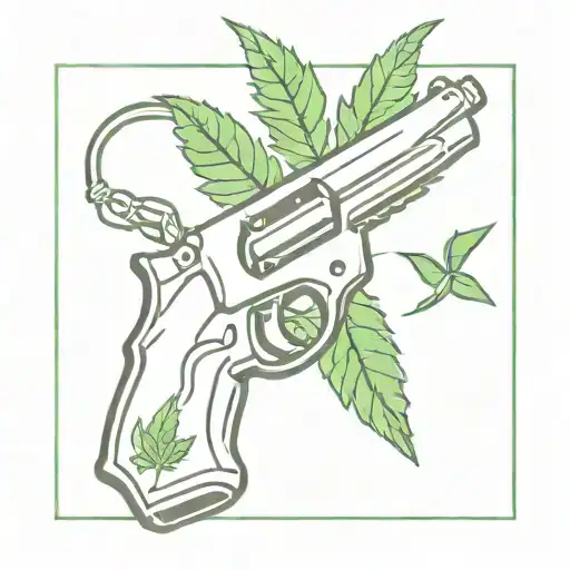 A minimalist tattoo of a gun wrapped in a marijuana leaf, representing the client's fascination with firearms and cannabis tattoo design idea