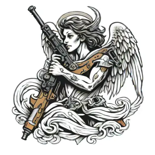 angel with neck tattoos holding shield and gun intertwined tattoo design idea