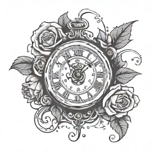 a broken clock with a date underneath and roses around  tattoo design idea
