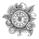 a broken clock with a date underneath and roses around  tattoo design idea