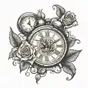 a broken clock with a date underneath and roses around  tattoo design idea