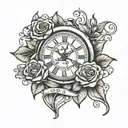 a broken clock with a date underneath and roses around  tattoo design idea
