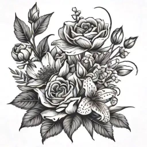 Flower bouquet of carnation, lily of the valley, rose, daisy, water lily and poppy. tattoo design idea