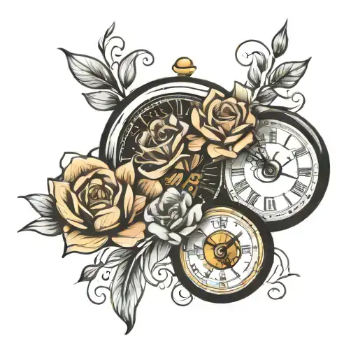 Design a tattoo template on a sheet of paper with a clock and flowers. The hands of the clock should point to 12 and 5.  tattoo design idea