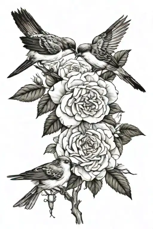 garden roses and birds sitting in the bushes tattoo design idea