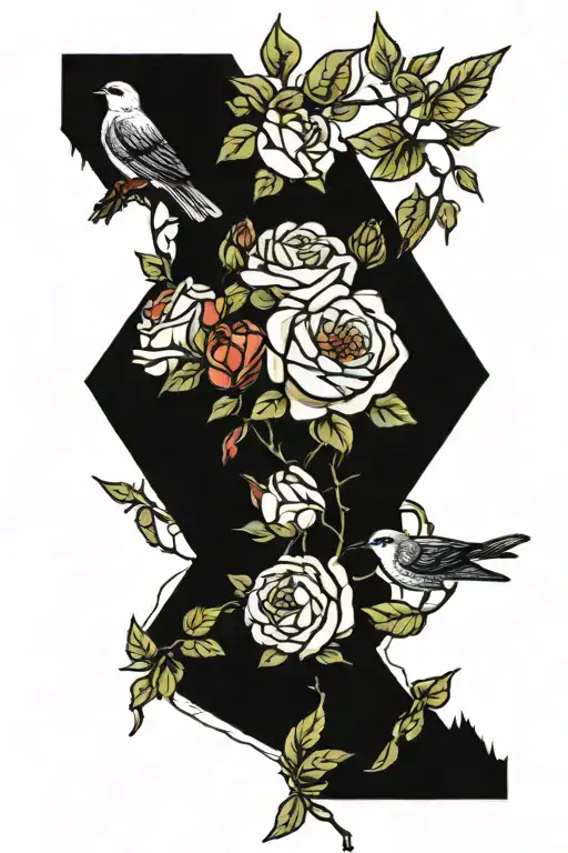 garden roses and birds sitting in the bushes tattoo design idea