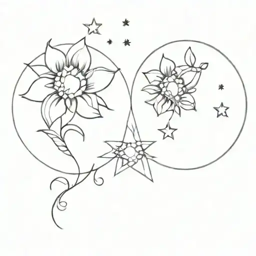 mother daughter, flowers, moons and stars tattoo design idea