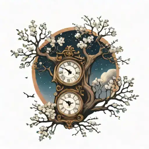 tree half dead half blooming, night sky as background, two clocks tattoo design idea