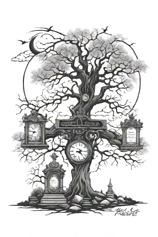 Mystical tree, half alive half dead, night sky behind it, two clocks with names. Under the tree 2 gravestones tattoo design idea