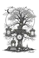 Mystical tree, half alive half dead, night sky behind it, two clocks with names. Under the tree 2 gravestones tattoo design idea