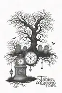 Mystical tree, half alive half dead, night sky behind it, two clocks with names. Under the tree 2 gravestones tattoo design idea