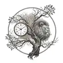 Two clocks with names on them, integrated into a design of a mystical tree with half alive and half dead branches. A lion is subtly hidden within the branches. tattoo design idea