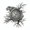 Two clocks with names on them, integrated into a design of a mystical tree with half alive and half dead branches. A lion is subtly hidden within the branches. tattoo design idea
