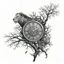 Two clocks with names on them, integrated into a design of a mystical tree with half alive and half dead branches. A lion is subtly hidden within the branches. tattoo design idea