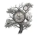 Two clocks with names on them, integrated into a design of a mystical tree with half alive and half dead branches. A lion is subtly hidden within the branches. tattoo design idea