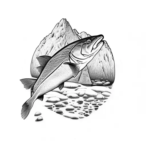 Trout jumping out of a mountain lake tattoo design idea