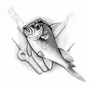 A plumber's wrench transforming into a trout tattoo design idea