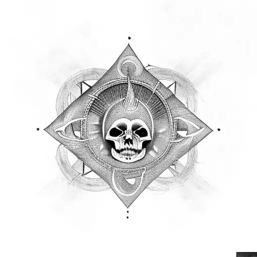 lyre made of skulls with a black sun containing a satanic pentagram inside tattoo design idea