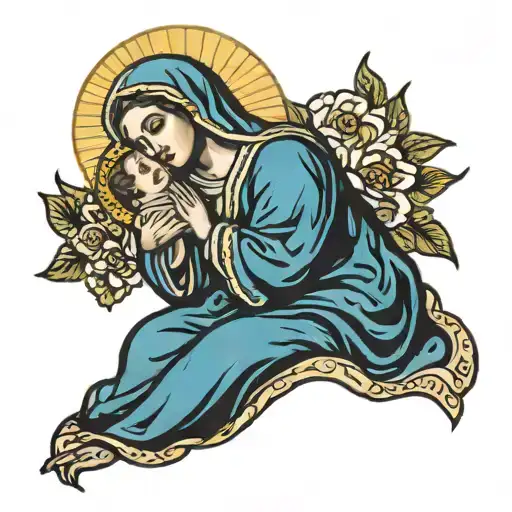 virgin mary holding child tattoo design idea