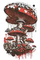 psychedelic mushroom merged with technology; circuitry cascading outwards  tattoo design idea