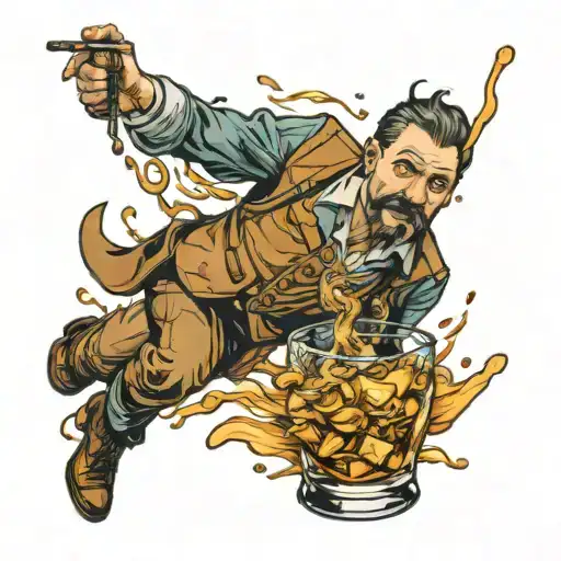 man drowning in glass of whisky tattoo design idea