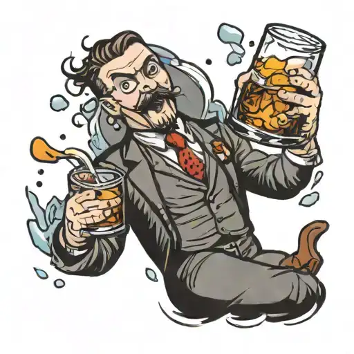 tiny man drowning in glass of whiskey tattoo design idea
