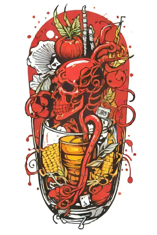 A caduceus, A glass of whisky, a stalk of corn, a clay pot of honey tattoo design idea
