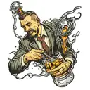 man drowning in glass of whisky tattoo design idea