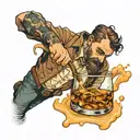 man drowning in glass of whisky tattoo design idea