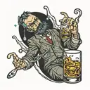 tiny man drowning in glass of whiskey tattoo design idea